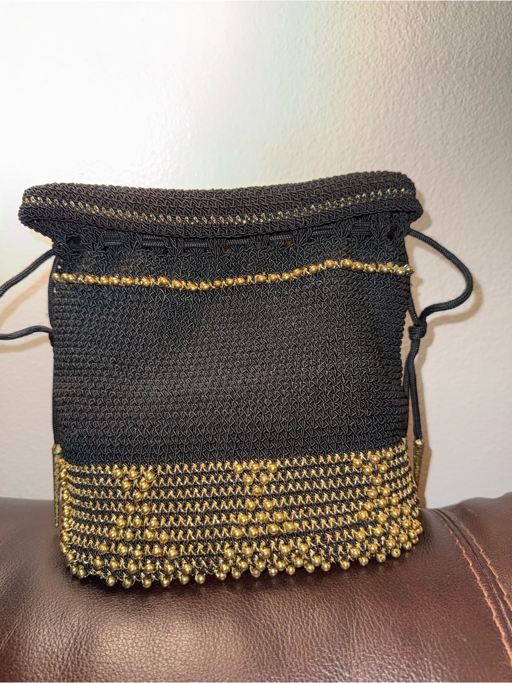 Vintage Boho Beaded Drawstring Bucket Bag